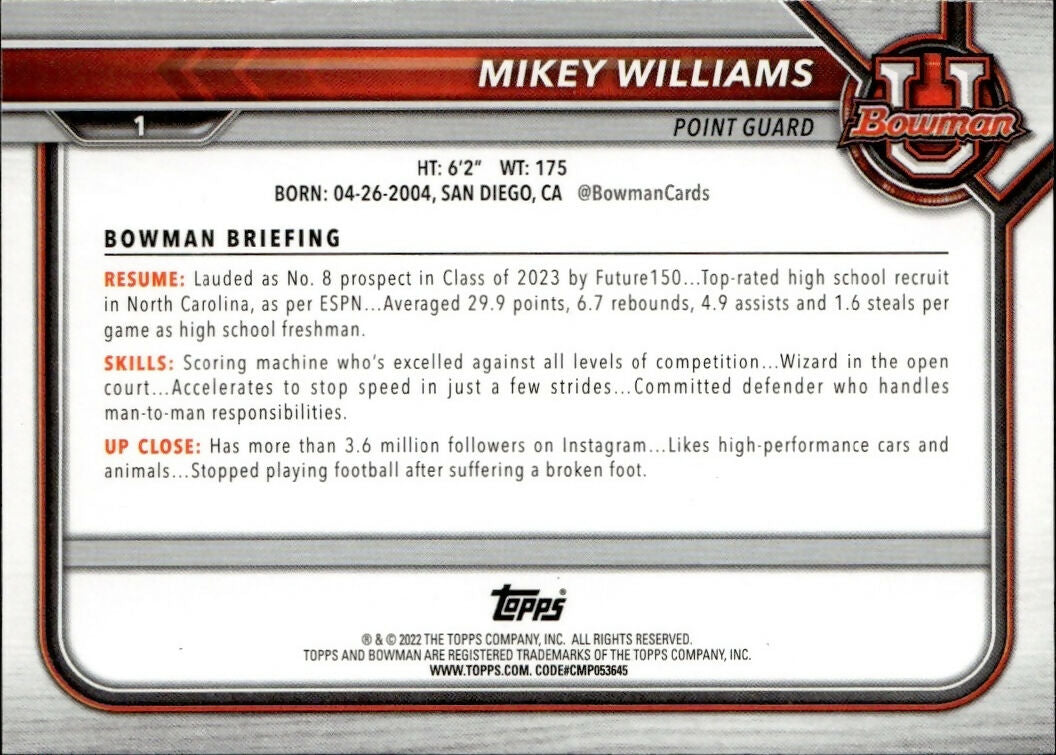 2021-22 Bowman University - Base #1 Mikey Williams  - B