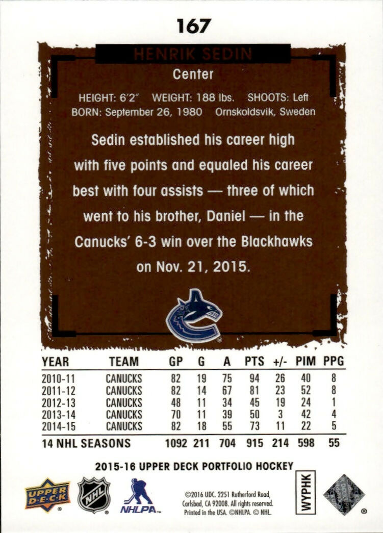 2015-16 Upper Deck Portfolio Hockey - Base #167 Henrik Sedin - Vancouver Canucks