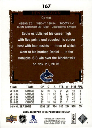 2015-16 Upper Deck Portfolio Hockey - Base #167 Henrik Sedin - Vancouver Canucks