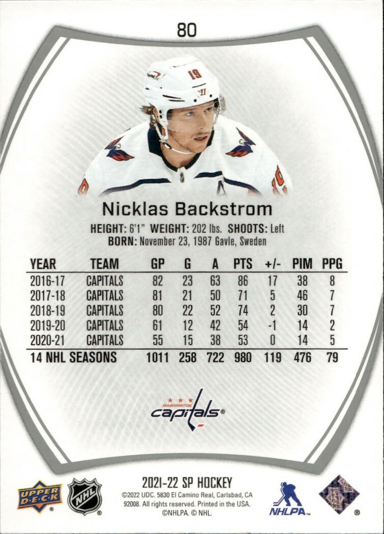 2021-22 Upper Deck SP Authentic Hockey - Base #80 Nicklas Backstrom - Washington Capitals - B