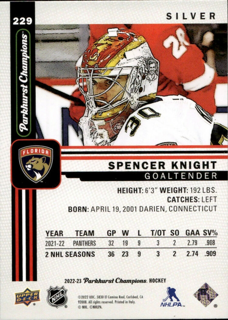 2022-23 Upper Deck Parkhurst Champions - Base - Silver #229 Spencer Knight - Florida Panthers - B