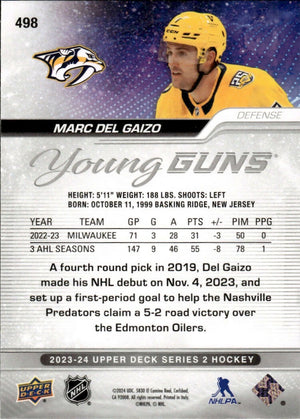 2023-24 Upper Deck Series 2 Hockey - Base - Young Guns #498 Marc Dell Gaizo - Nashville Predators