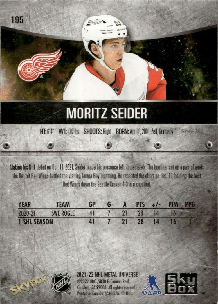 2021-22 Upper Deck Skybox Metal Universe - Base - Rookies - Blue #195 Moritz Seider - Detroit Red Wings - B