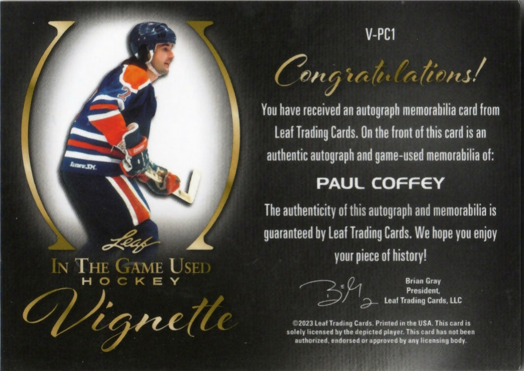 2023 Leaf In The Game Used Hockey - Vignette - Auto :25 #V-PC1 Paul Coffey - B