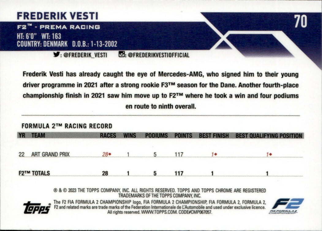 2023 Topps Chrome Formula 1 Base #70 - F2 Drivers Frederik Vesti - F2 Prema Racing - BB