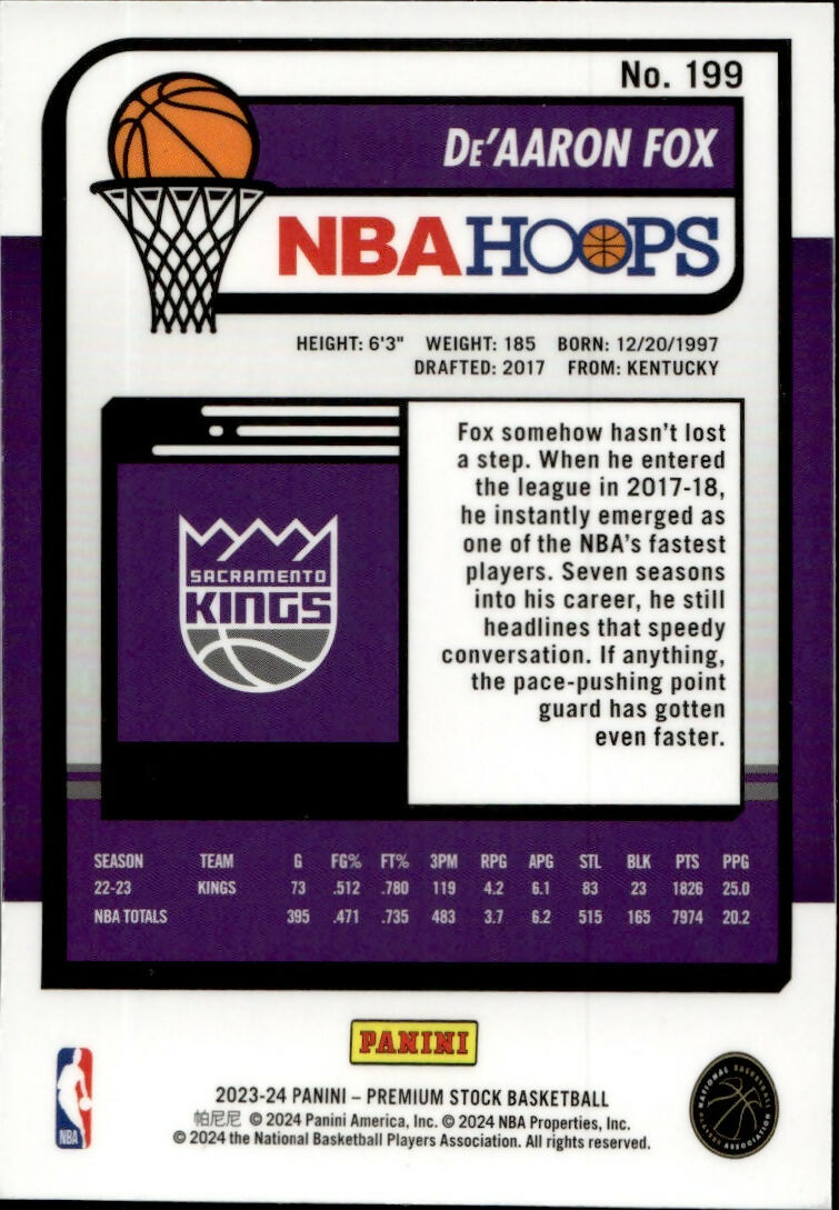 2023-24 Panini NBA Hoops Premium Stock - Base #199 De'Aaron Fox - Sacramento Kings - B