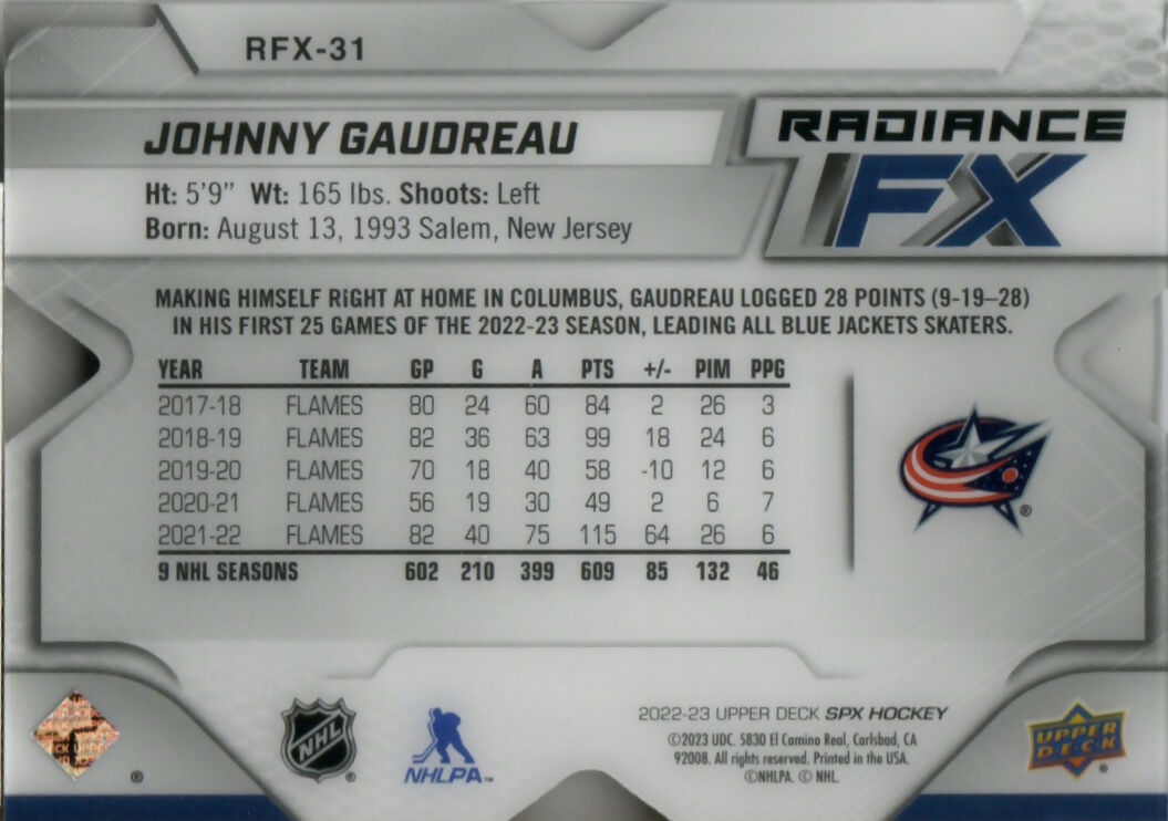 2022-23 Upper Deck SPX Hockey -  Radiance F:X :549 #RFX-31 Johnny Gaudreau - Columbus Blue Jackets - B