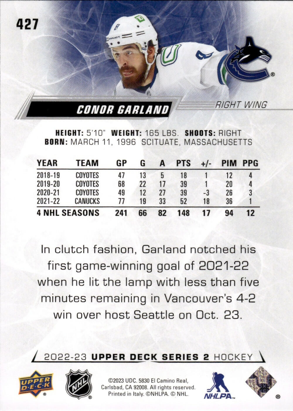 2022-23 Upper Deck Series 2 Hockey - Base #427 Conor Garland - Vancouver Canucks