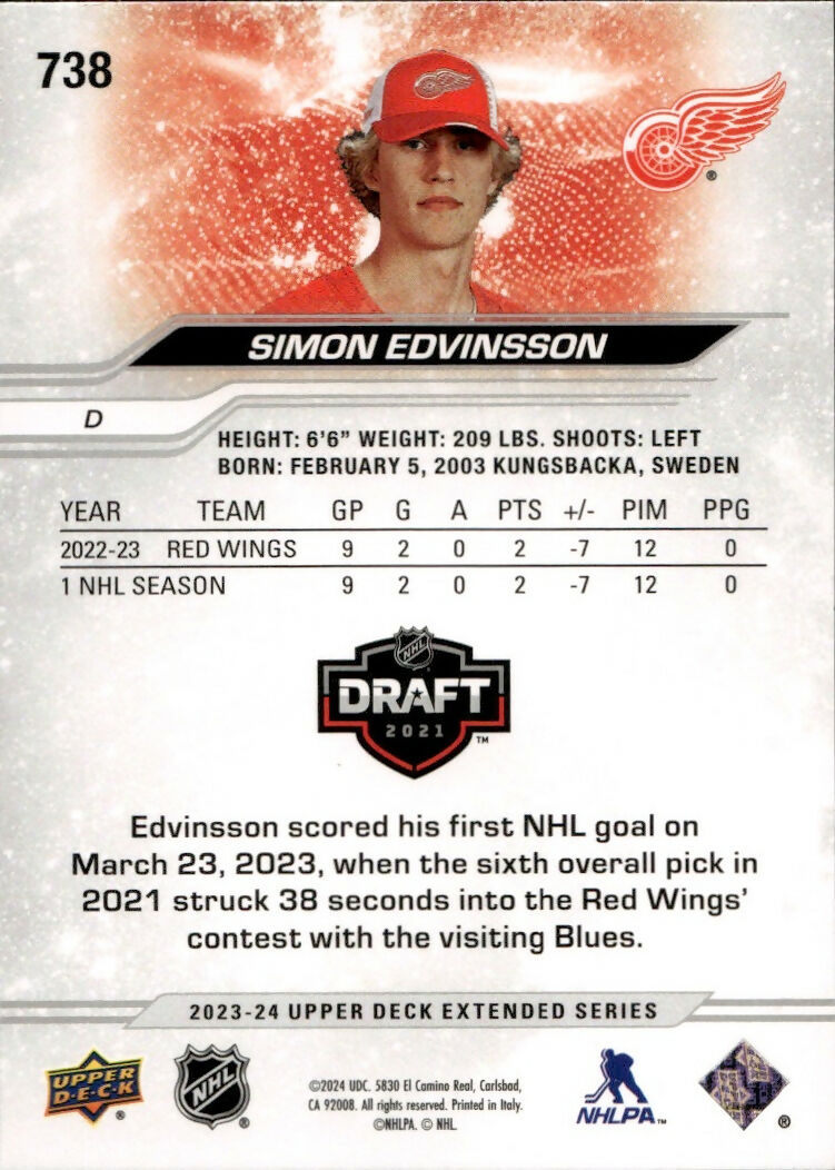 2023-24 Upper Deck Extended Series - Base - 1st Round Rookies #738 Simon Edvinsson - Detroit Red Wings - B