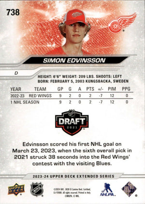 2023-24 Upper Deck Extended Series - Base - 1st Round Rookies #738 Simon Edvinsson - Detroit Red Wings - B