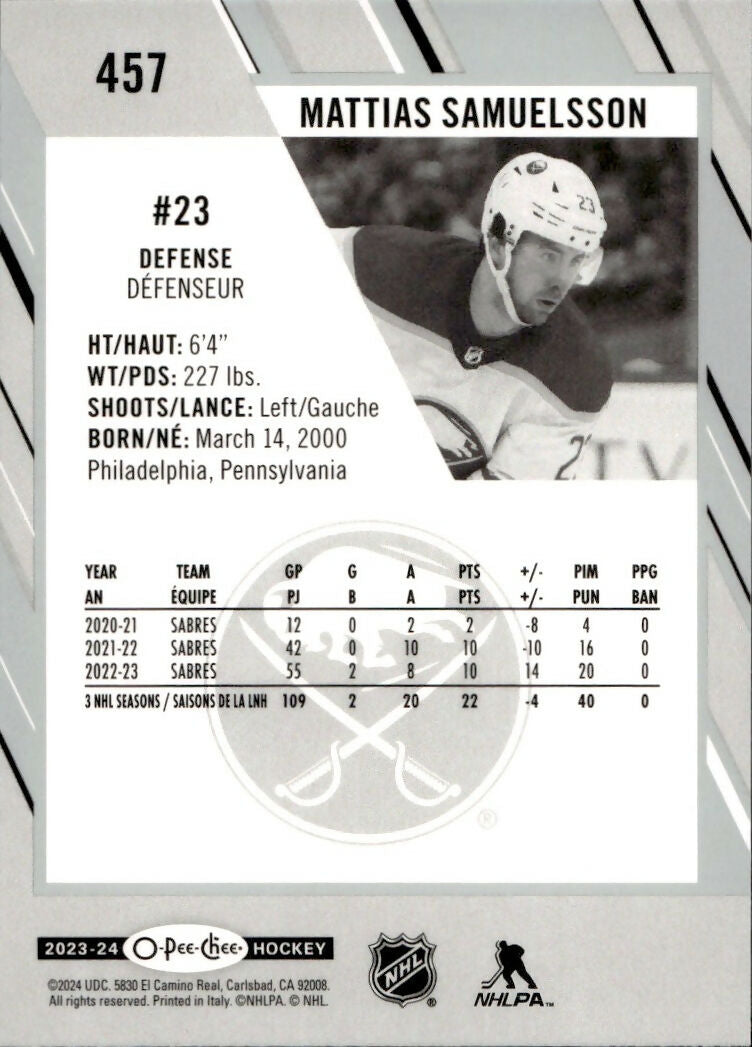 2023-24 Upper Deck O-Pee-Chee Hockey - Base #457 Mattias Samuelsson - Buffalo Sabres - B