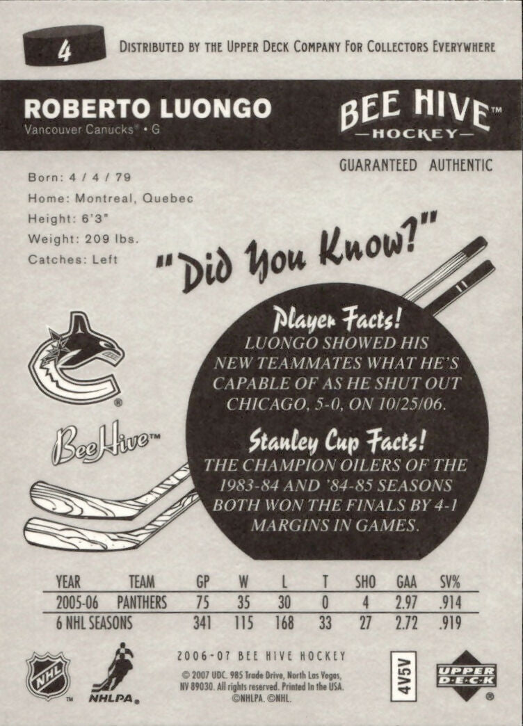 2006-07 Upper Deck - Bee Hive Hockey - Base #4 Roberto Luongo - Vancouver Canucks - B