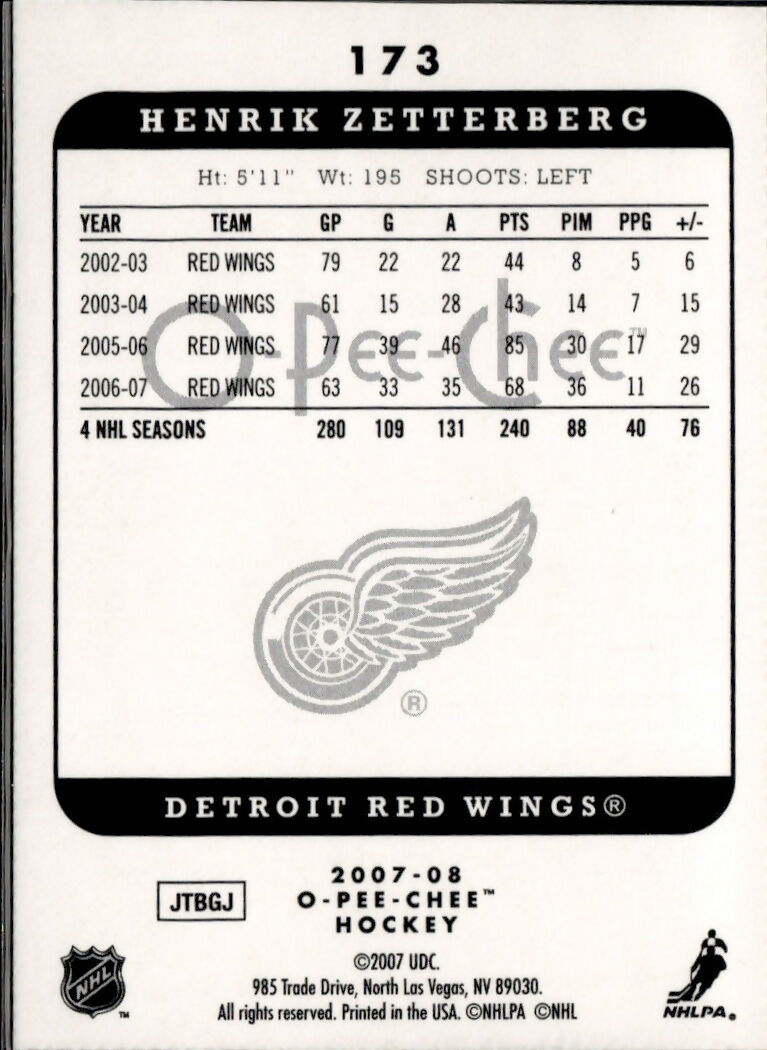 2007-08 O-Pee-Chee - Base #173 Henrik Zetterberg - Detroit Red Wings - B