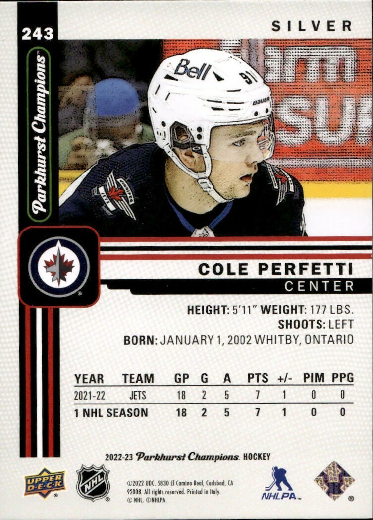 2022-23 Upper Deck Parkhurst Champions - Base - Silver #243 Cole Perfetti - Winnipeg Jets - B