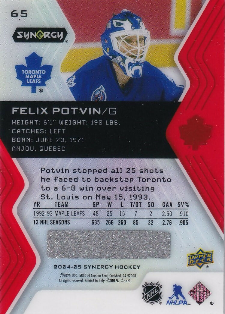 2024-25 Upper Deck Synergy Hockey - Base - Red Codes #65 Felix Potvin - Toronto Maple Leafs - B