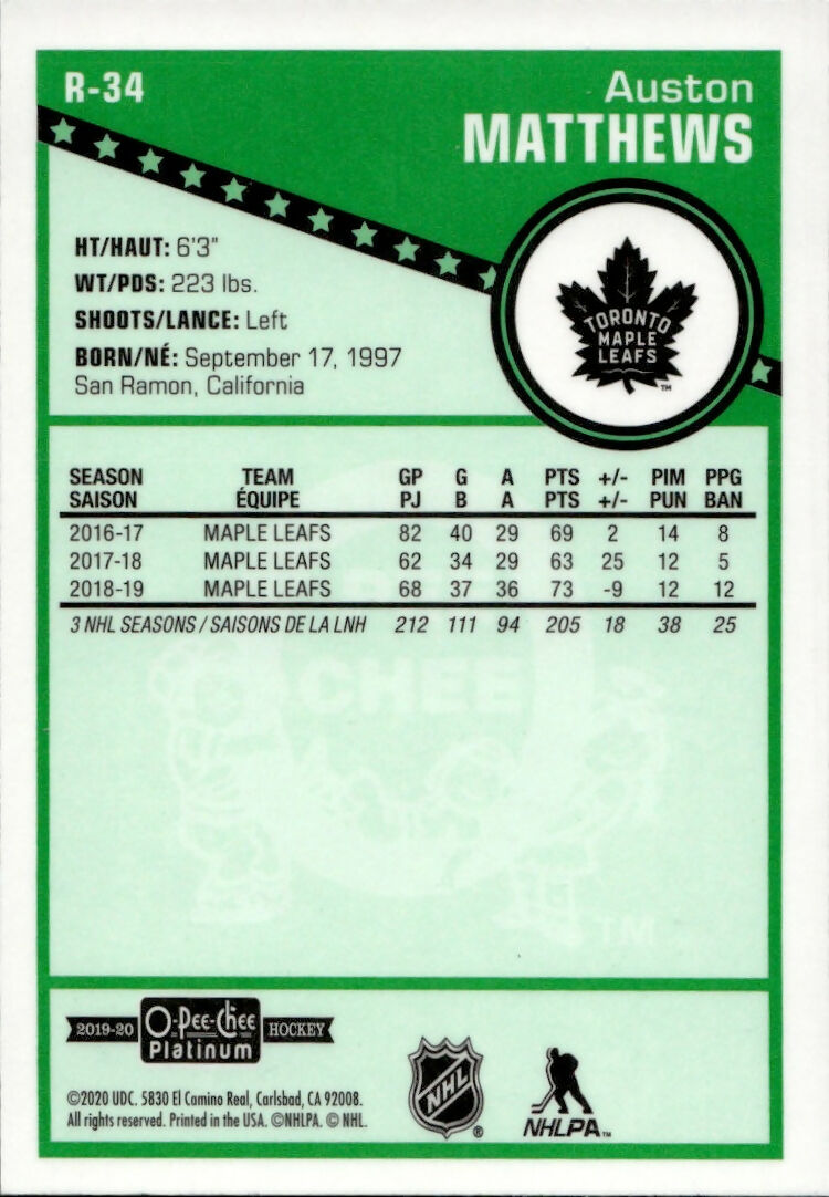 2019-20 Upper Deck O-Pee-Chee Platinum Hockey - Retro #R-34 Auston Matthews - Toronto Maple Leafs