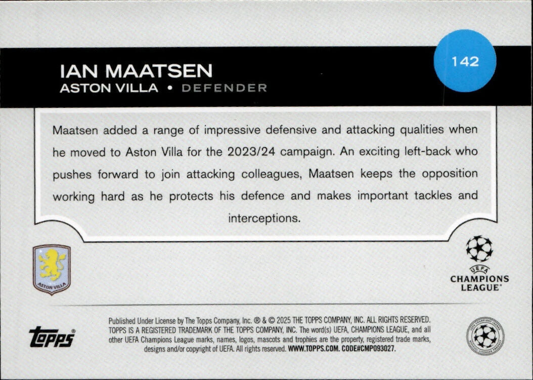 2024-25 Topps UEFA Club Competitions - Base #142 Ian Maatsen - Aston Villa - B
