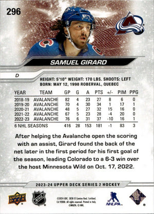 2023-24 Upper Deck Series 2 Hockey - Base #296 Samuel Girard - Colorado Avalanche - B