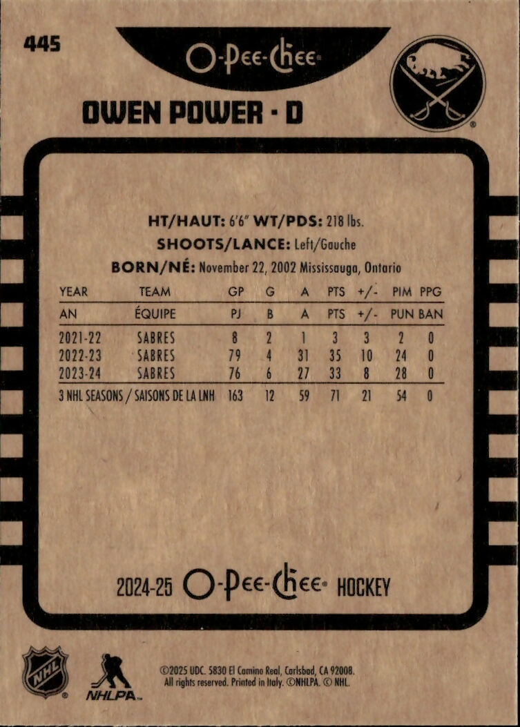 2024-25 Upper Deck O-Pee-Chee - Base - Retro #445 Owen Power - Buffalo Sabres - B