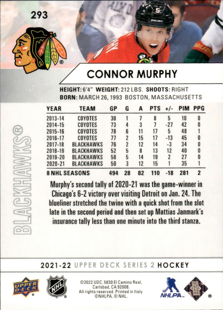 2021-22 Upper Deck Series 2 Hockey - Base #293 Connor Murphy - Chicago Blackhawks - B