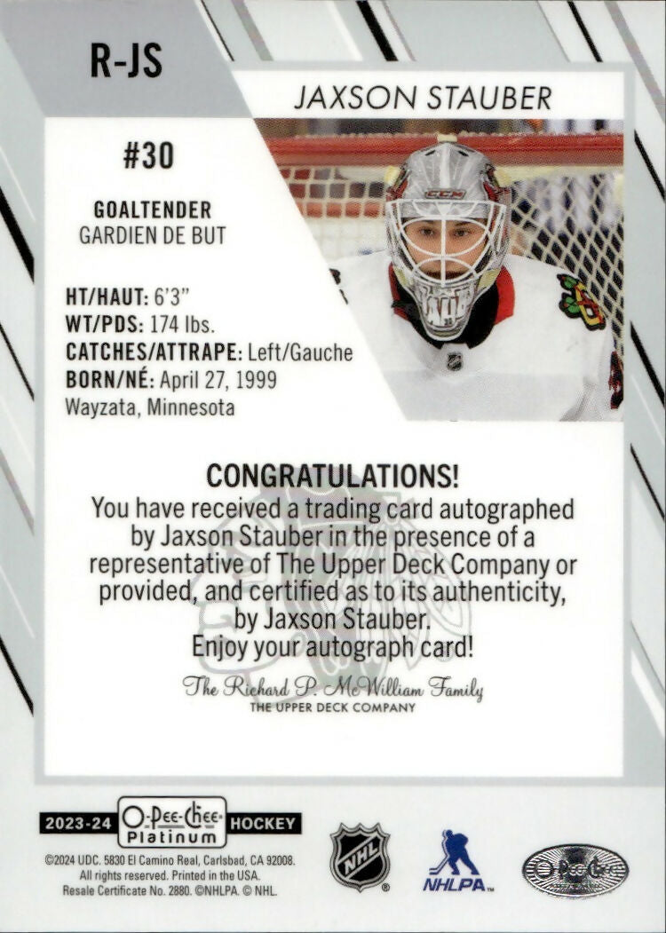 2023-24 Upper Deck O-Pee-Chee Platinum Hockey - Base - Marquee Rookie - Auto #R-JS Jaxson Stauber - Chicago Blackhawks - B