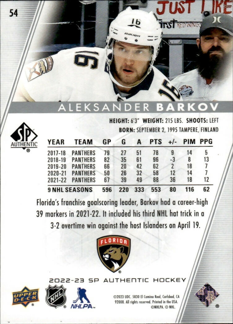 2022-23 Upper Deck SP Authentic Hockey - Base #54 Aleksander Barkov - Florida Panthers