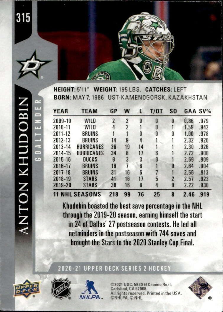 2020-21 Upper Deck Series 2 Hockey - Base #315 Anton Khudobin - Dallas Stars - B