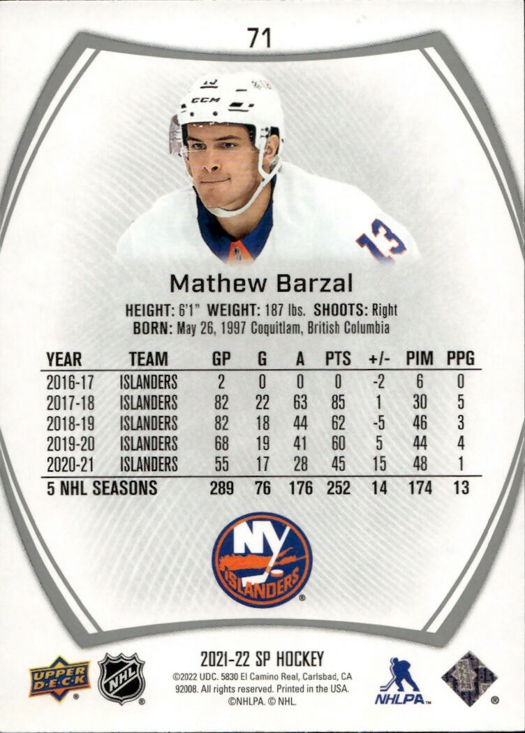 2021-22 Upper Deck SP Authentic Hockey - Base #71 Mathew Barzal - New York Islanders - B