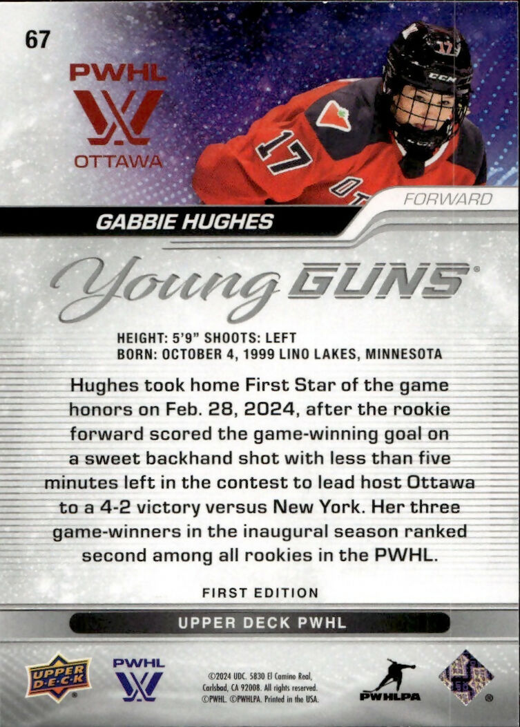 2024-25 Upper Deck PWHL Hockey - Base - Young Guns #67 Gabbie Hughes - Ottawa Charge - B