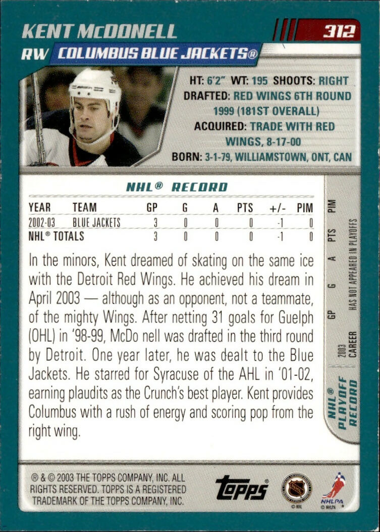 2003-04 Topps - Base - Blue :500 #312 Kent McDonell - Columbus Blue Jackets - B