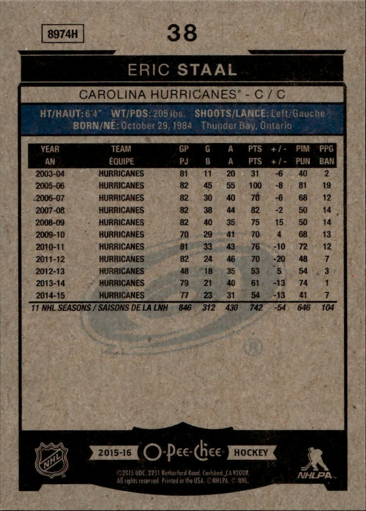 2015-16 Upper Deck O-Pee-Chee Hockey - Base #38 Eric Staal - Carolina Hurricanes