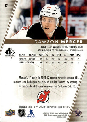 2022-23 Upper Deck SP Authentic Hockey - Base - Limited Gold /99 #17 Dawson Mercer - New Jersey Devils