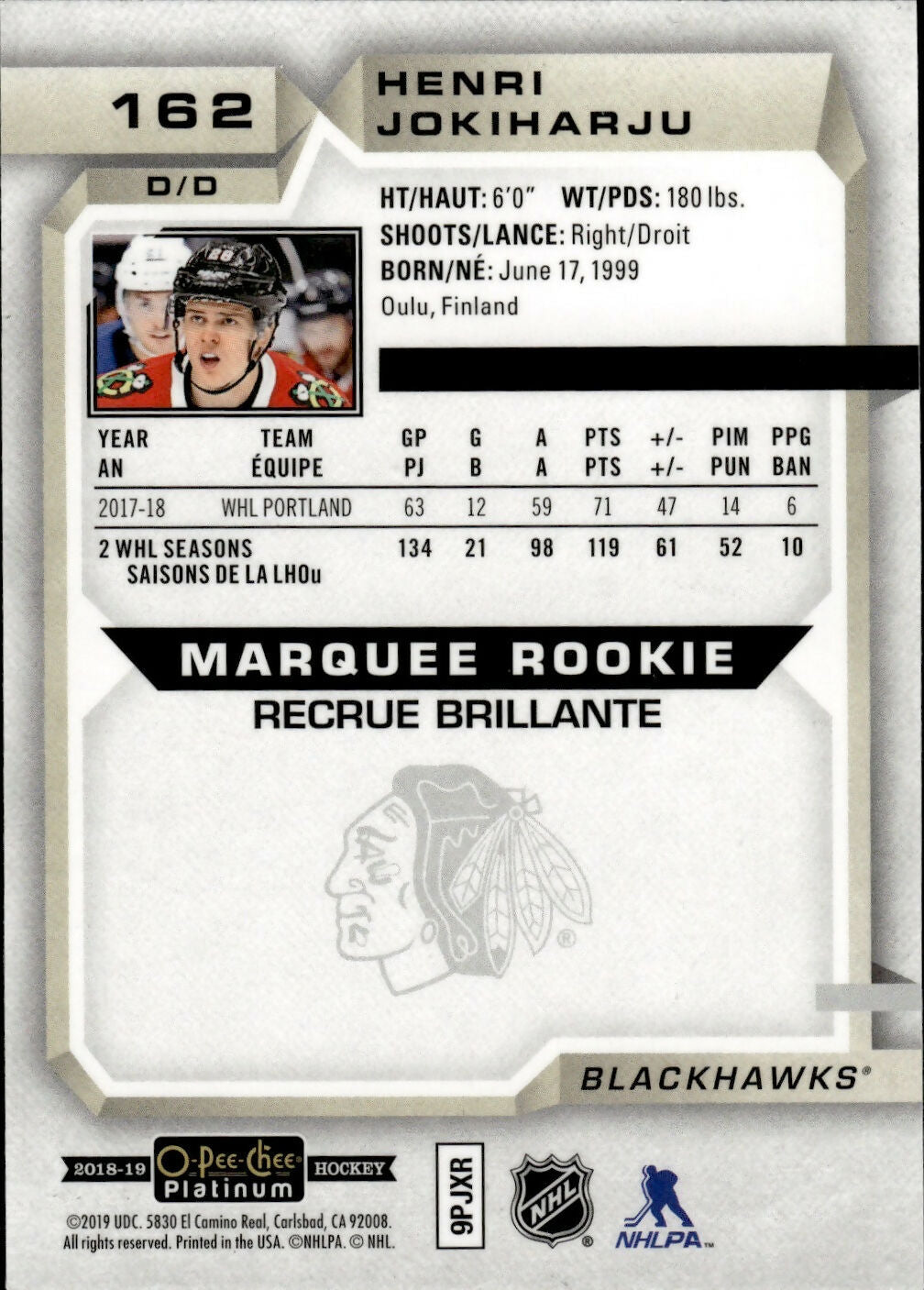 2018-19 O-Pee-Chee Platinum Hockey - Base - Marquee Rookie #162 Henri Jokiharju - Chicago Blackhawks