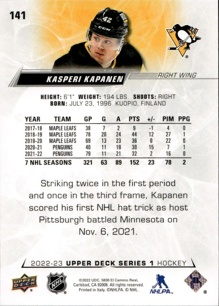 2022-23 Upper Deck Series 1 Hockey - Base #141 Kaspari Kapanen - Pittsburgh Penguins - B