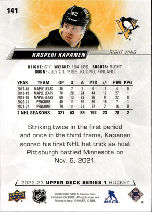 2022-23 Upper Deck Series 1 Hockey - Base #141 Kaspari Kapanen - Pittsburgh Penguins - B