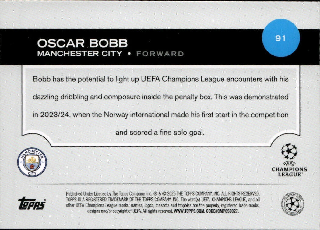 2024-25 Topps UEFA Club Competitions - Base #91 Oscar Bobb - Manchester City - B