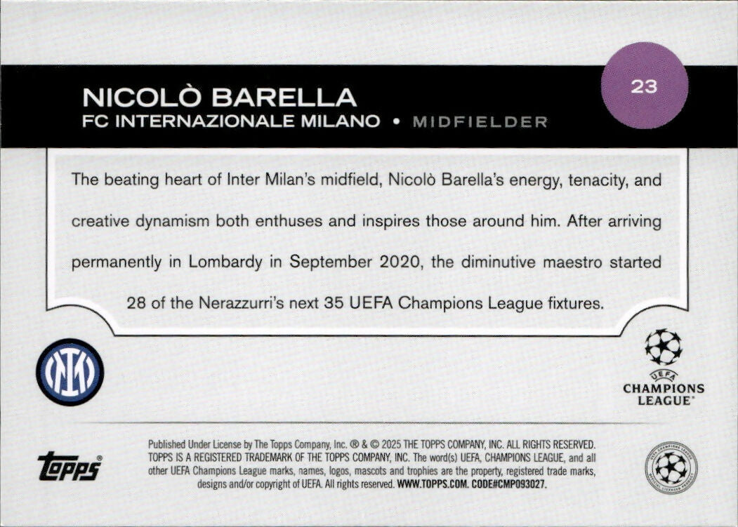 2024-25 Topps UEFA Club Competitions - Base #23 Nicolo Barella - FC internazionale Milano - B