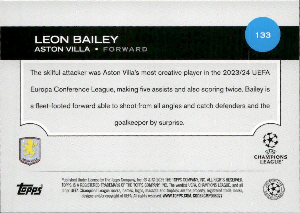 2024-25 Topps UEFA Club Competitions - Base #133 Leon Bailey - Aston Villa - B