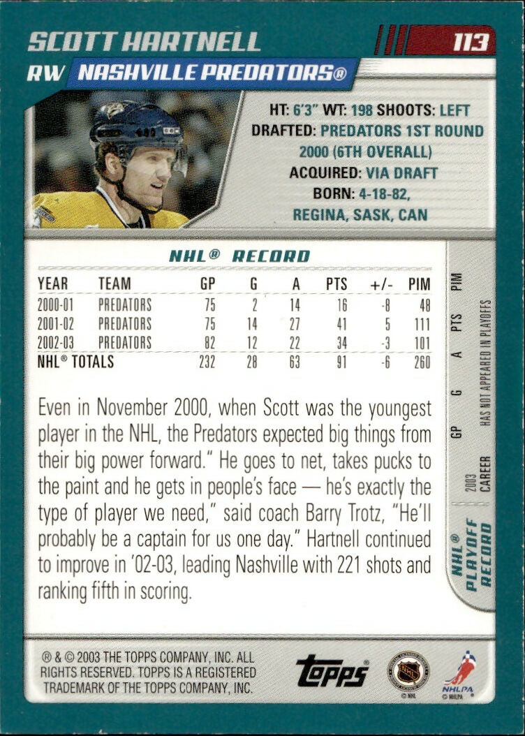 2003-04 O-Pee-Chee - Base - Red :100 #113 Scott Hartnell - Nashville Predators - B