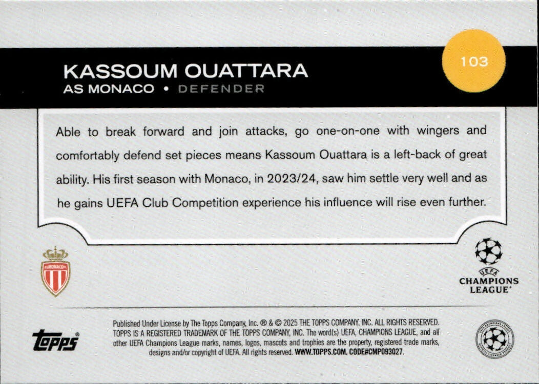 2024-25 Topps UEFA Club Competitions - Base #103 Kassoum Ouattara - AS Monaco - B