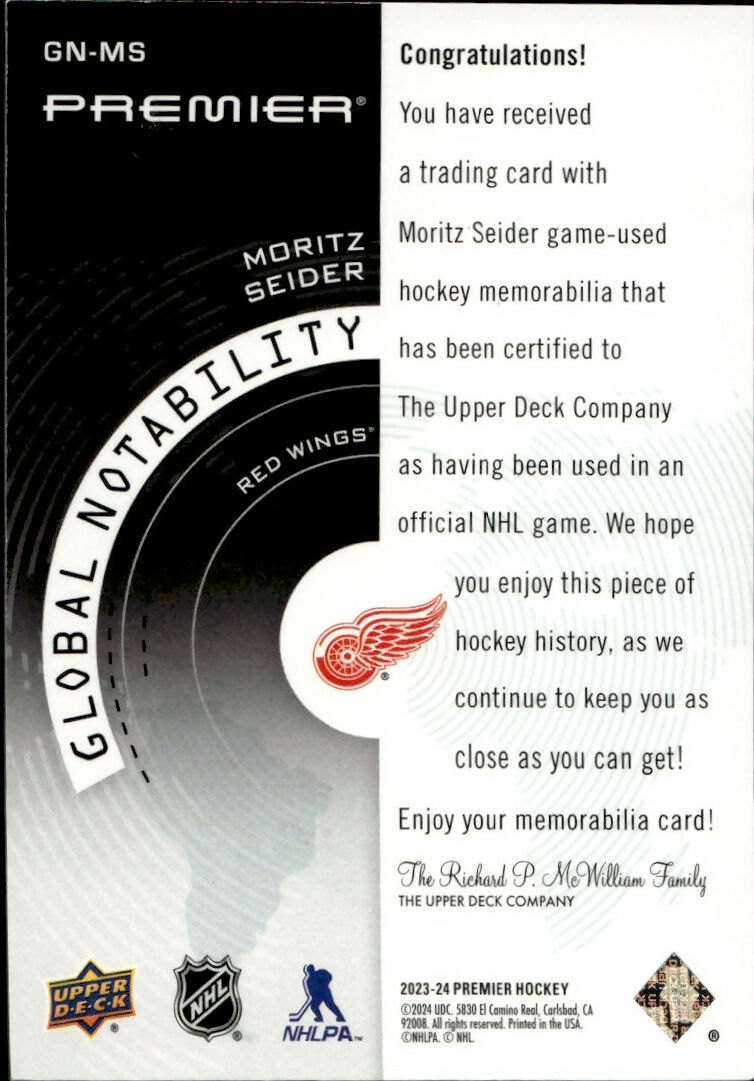 2023-24 Upper Deck Premier Hockey - Global Notability #GN-MS  Moritz Seider - Detroit Red Wings - B