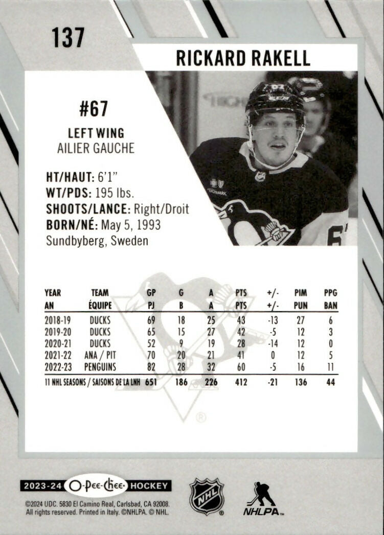 2023-24 Upper Deck O-Pee-Chee Hockey - Base #137 Rickard Rakell - Pittsburgh Penguins - B