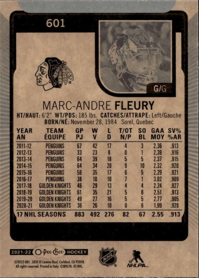 2021-22 Upper Deck O-Pee-Chee Hockey - Base #601 Marc-Andre Fleury - Chicago Blackhawks - B