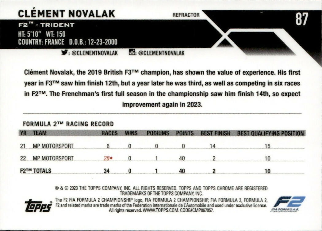 2023 Topps Chrome Formula 1 Base #87 - F2 Drivers - Refractor Clement Novalak - F2 Trident - B
