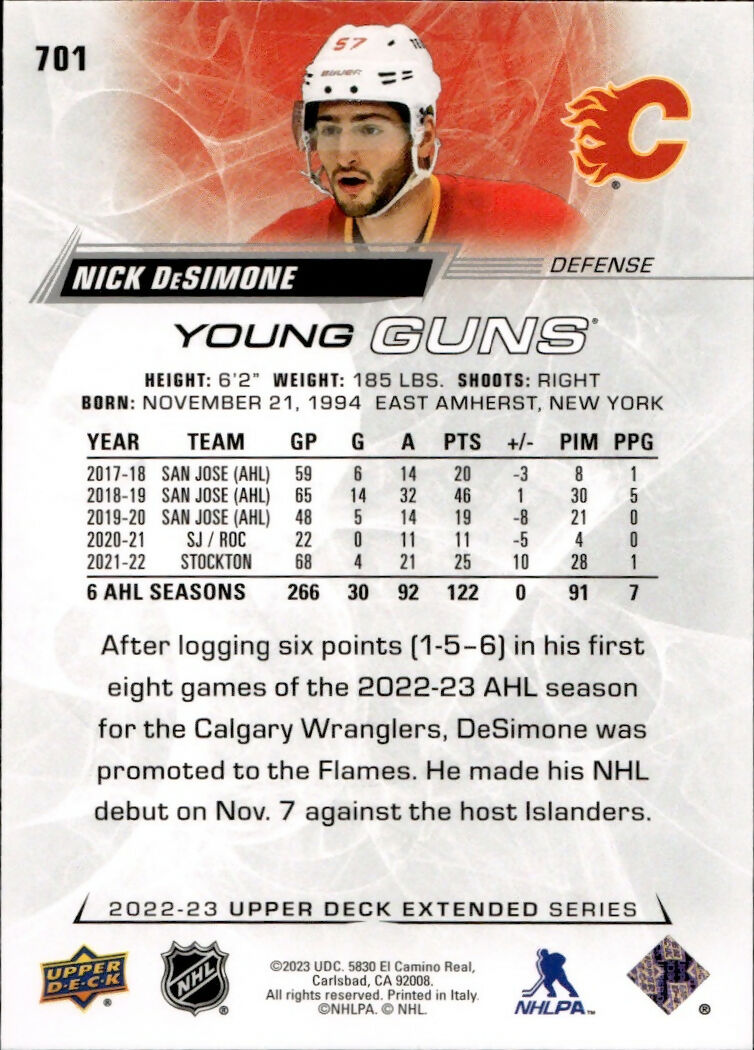2022-23 Upper Deck Extended Series Hockey - Base - Young Guns #701 Nick DeSimone - Calgary Flames - B