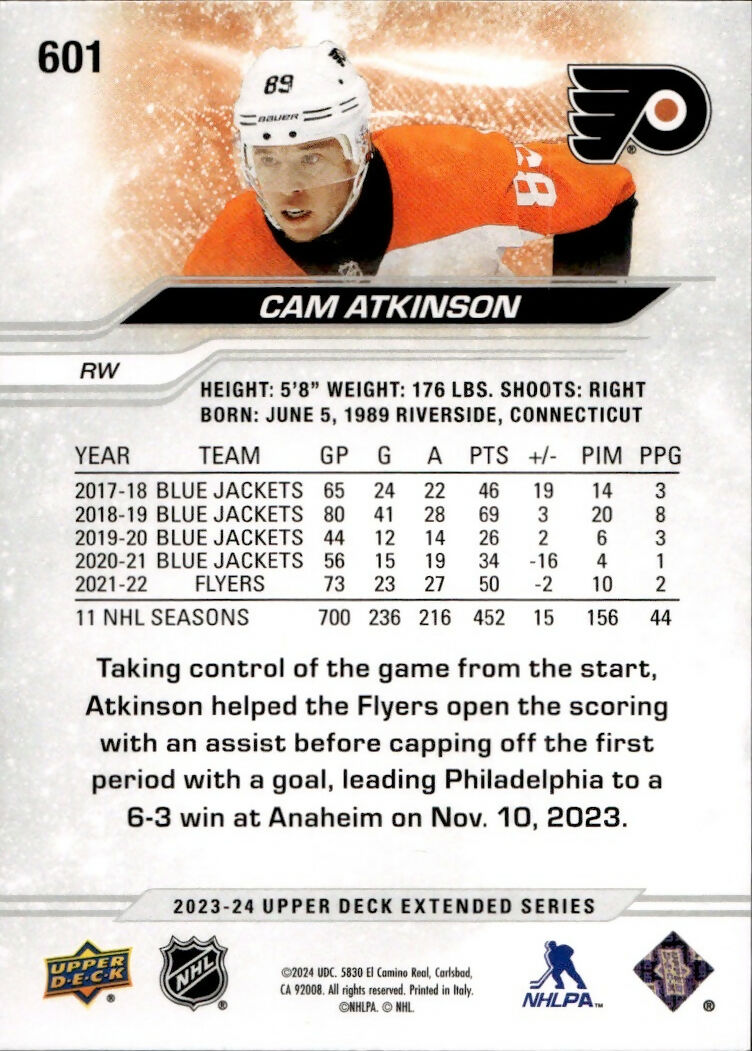 2023-24 Upper Deck Extended Series Hockey - Base #601 Cam Atkinson - Philadelphia Flyers - B