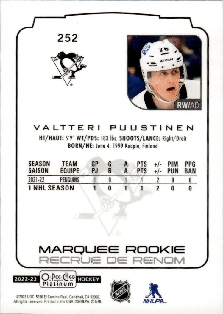 2022-23 Upper Deck O-Pee-Chee Platinum Hockey - Base - Marquee Rookie #252 Valtteri Puustinen - Pittsburgh Penguins