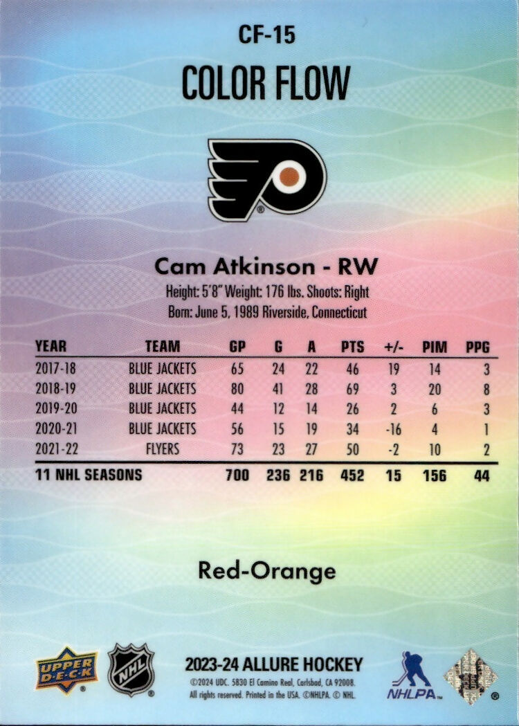 2023-24 Upper Deck Allure Hockey - Color Flow - Red-Orange #CF-15 Cam Atkinson - Philadelphia Flyers - B