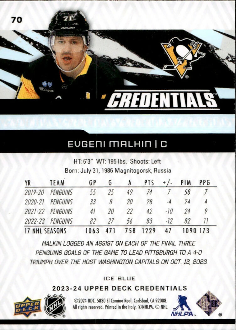2023-24 Upper Deck Credentials Hockey - Base #70 Evgeni Malkin - Pittsburgh Penguins - B