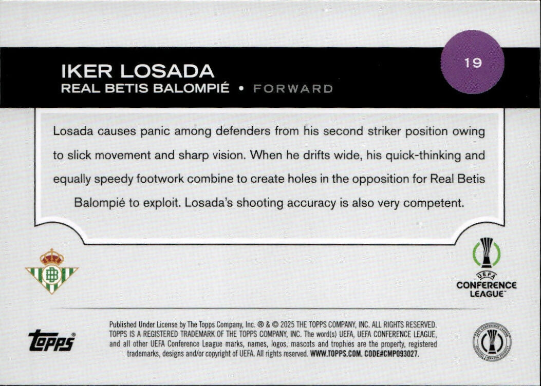 2024-25 Topps UEFA Club Competitions - Base #19 Iker Losada - Real Betis Balompie - B